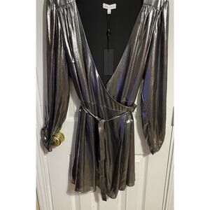 NWT GIANNI BINI METALLIC SILVER WRAP TIE BELT PARTY HOLIDAY DRESS - LARGE $149